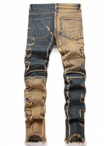 Men's Retro Distressed Color Blocking Slim Fit Denim Jeans