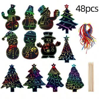 24/48/96 Pcs Rainbow Scratch Colorful Christmas Ornaments, Magic Scratch Off Cards With 48Pcs Ribbons & 24Pcs Wooden Styluses Christmas Hanging Art Crafts Party Supplies For Xmas Tree Classroom Decorations Christmas Gifts