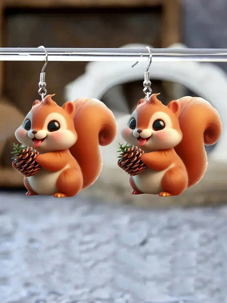 1 Pair Whimsical Cute Woodland Squirrel & Pine Cone Dangle Earrings