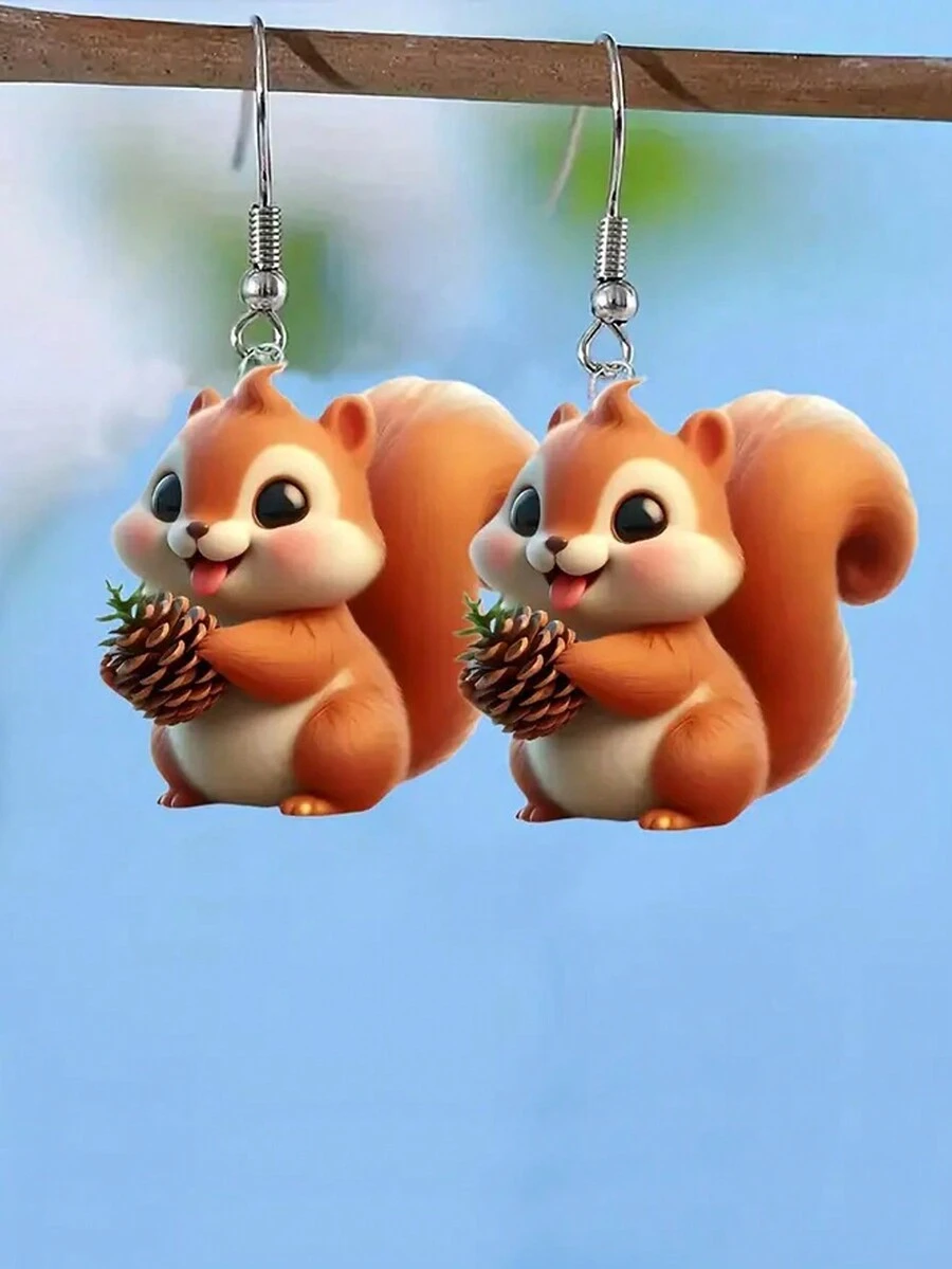 1 Pair Whimsical Cute Woodland Squirrel & Pine Cone Dangle Earrings