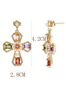 Pair Of Fashionable Gorgeous Cross Flowers Colorful Pearl Women's Copper Earrings - Multicolor - View 14