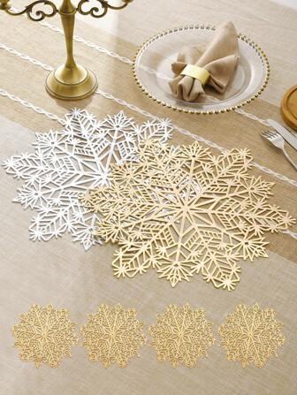 12 件金色圣诞雪花餐垫，15 英寸圆形，采用 PVC 材料制成，3.94 英寸圆形空心雪花杯垫，可水洗，易于清洁，可擦拭，防滑，耐热，适用于房间装饰、餐桌装饰、家居装饰，适合节日、派对、生日、婚礼和晚宴