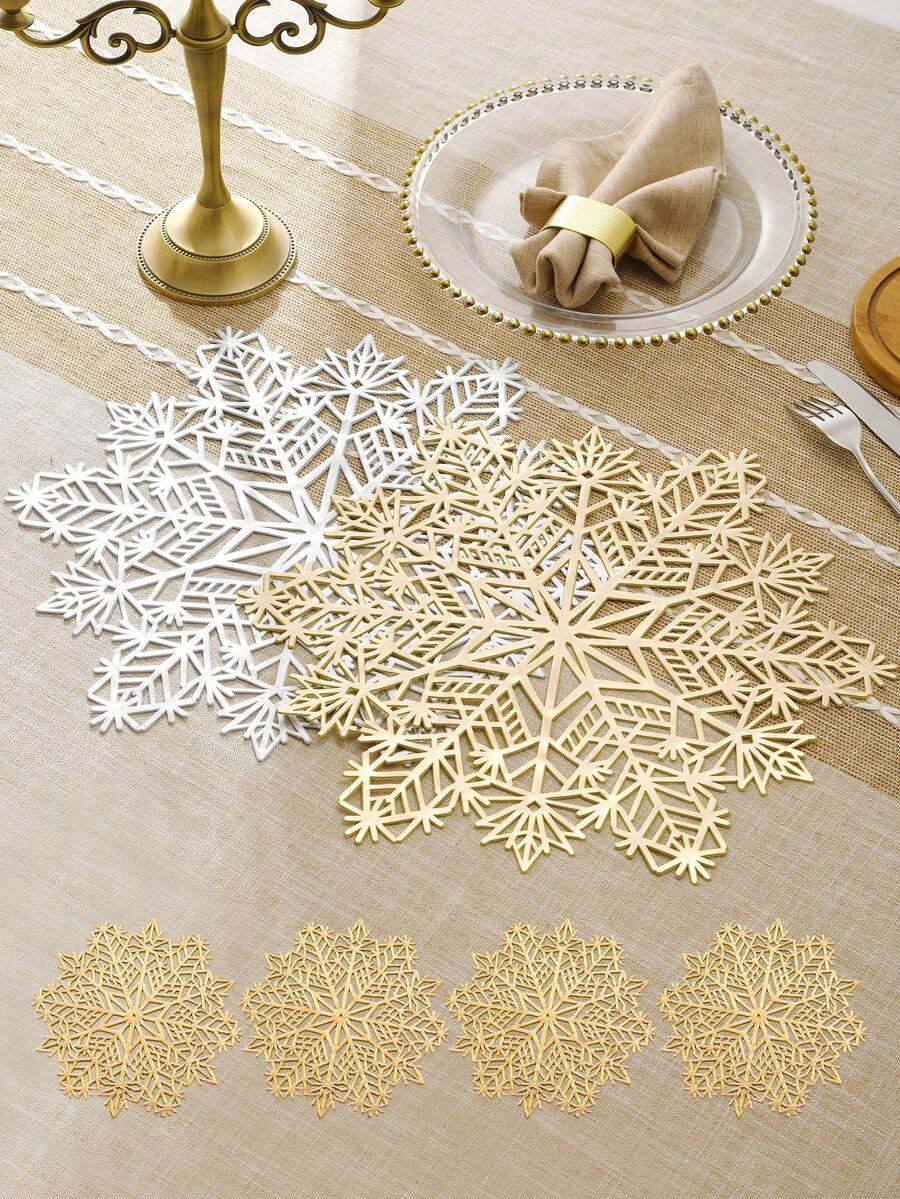 Set de 12 individuales redondos de 15 pulgadas de PVC con diseño de copos de nieve dorados, talla grande 3.94 pulgadas de posavasos redondos y huecos del mismo diseño, lavables, fáciles de limpiar, antideslizantes, resistentes al calor, para decoración de habitaciones, mesa de comedor, decoración del hogar, adecuados para fiestas, cumpleaños, bodas y cenas. - Multicolor - Ver 1