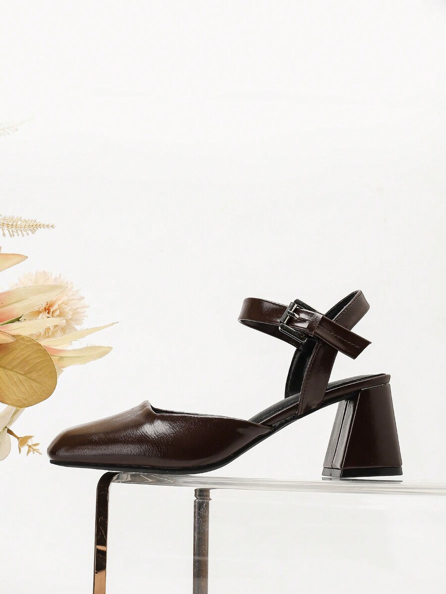 Women Square Toe Brown Chunky Heel Pumps, Simple Classic Ladies Shoes