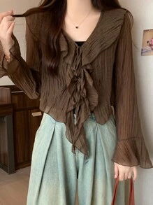 优雅 V 领荷叶边百搭长袖系带性感防晒衬衫上衣 - 咖啡棕 - 查看 5