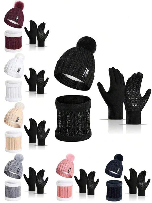 Set de 3 piezas para mujer para el invierno: Gorro de forro polar, bufanda y guantes con pantalla táctil con pompón (tejido, engrosado), Navidad (color del forro del sombrero y la bufanda enviado al azar)