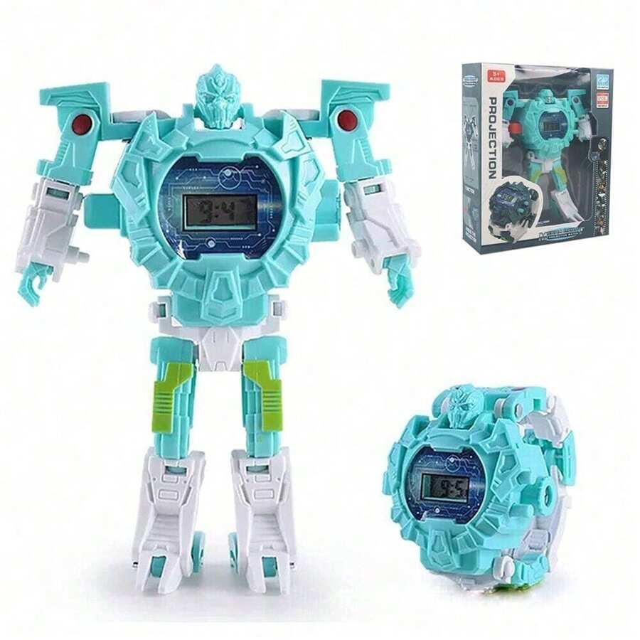 Light Digital Children Watches Boys Cartoon Robot Transformation Wristwatch Toy Mecha Robot Electronic Clock - 綠色 - 查看 1