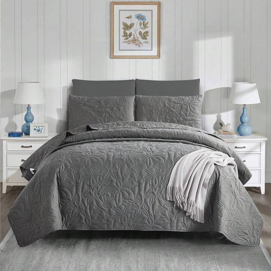 Bộ 3 vỏ chăn họa tiết hoa, 1 vỏ chăn + 2 vỏ gối, thân thiện với da & thoáng khí, mềm mại & thoải mái (không có ruột chăn/gối) - Xám - Xem 1