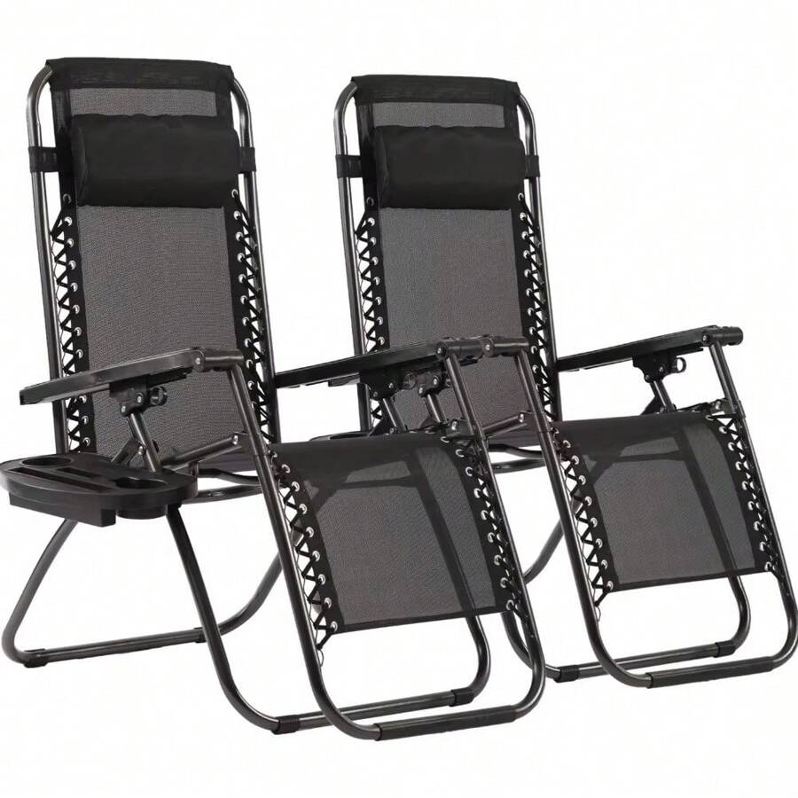 Zero Gravity Lawn Lounge Chairs Set Of 2 With Pillow And Cup Holder