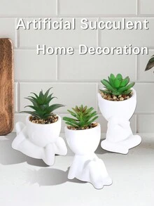 1/3pcs Artificial Succulent Plants, Single Small Succulent Potted Plants, 3 Shapes Available, Cartoon Design, PP Material, PE Material, Green, Desktop Decoration, Home Decor, Hotel, Restaurant, Living Room Bedroom - White - View 8