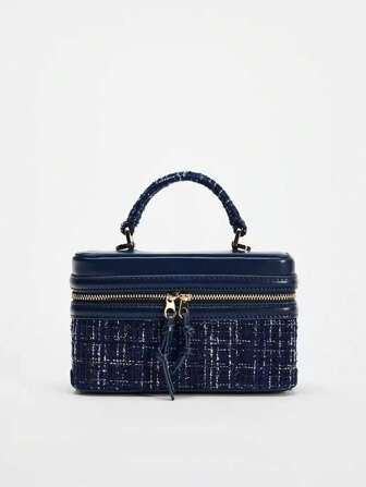 Fashionable Hard-Sided Blue Square Handbag, With Dual Shoulder Straps, Chain Strap, Belt Decor, Box Bag Style, Suitable For Party, Office, School, College, Bag For Women Elegant, Luxury