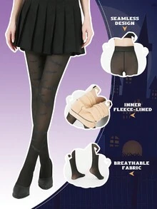 1 件女式万圣节蝙蝠印花紧身裤，冬季保暖厚羊毛紧身裤，性感时尚，适合节日派对 - 黑色 - 查看 2