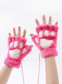 1 Pair Of Cute Cat Claw Fingerless Gloves, Thick, Warm, And Cold Resistant Plush Gloves, Suitable For Daily Use By Winter Girls, With A Rope