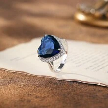 1pc S925 Sterling Silver Heart-Shaped Blue Cubic Zirconia Inlaid Ring For Women, Suitable For Daily Wear, Festivals, Parties, Weddings, Gatherings, Comes With Elegant Gift Box - Silver - View 1