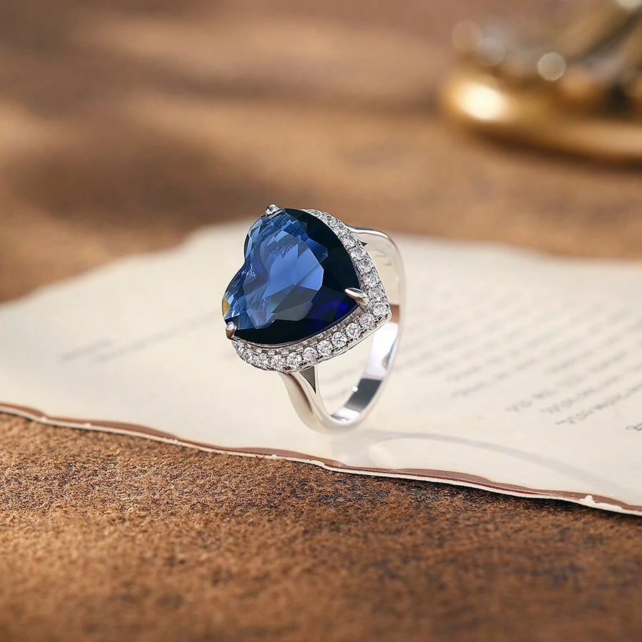 1pc S925 Sterling Silver Heart-Shaped Blue Cubic Zirconia Inlaid Ring For Women, Suitable For Daily Wear, Festivals, Parties, Weddings, Gatherings, Comes With Elegant Gift Box - Silver - View 1
