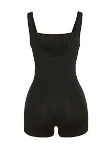 Women's Sleeveless Romper, Casual Square Neck Solid Color Bodycon Jumpsuit Shorts
