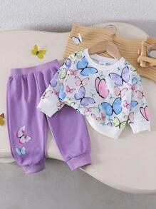2 件套女婴蝴蝶印花运动长袖夹克和裤子套装