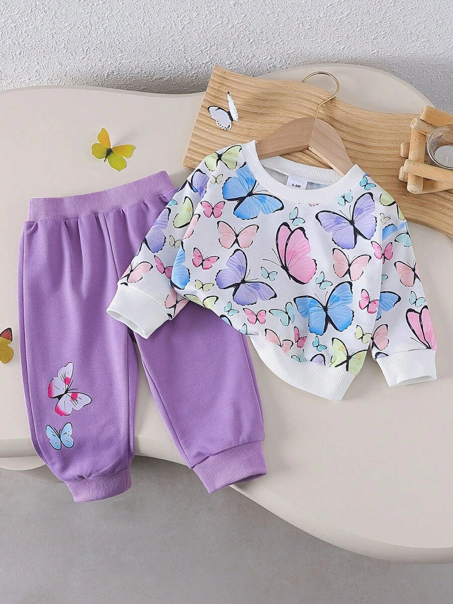 2 件套女婴蝴蝶印花运动长袖夹克和裤子套装