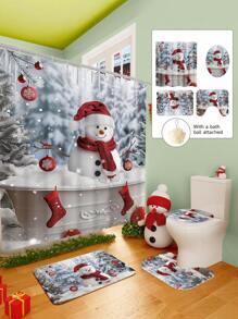 Conjunto de cortina de chuveiro com boneco de neve vermelho de Natal, 1/2/3/4 peças, com 12 ganchos e uma bola de chuveiro, cortina de chuveiro de poliéster impermeável e resistente a mofo, tapete antiderrapante para banheiro, tapete em U para vaso sanitário, capa protetora para vaso sanitário, conjunto decorativo para banheiro, sem necessidade de furadeira, vários tamanhos disponíveis, acessórios de decoração de outono para banheiro, volta às aulas