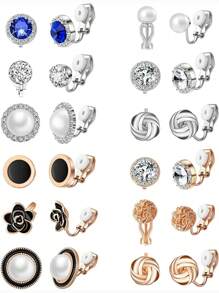 12 Pairs Of No Piercing Accessories, Including Black Flower Stud Earrings, Blue Cubic Zirconia Clip-On Earrings, And Geometric Shape Cubic Zirconia Faux Pearl Earring Set Valentines,Mom,Mother,Mother's Day,Gift