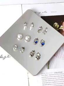 12 Pairs Of No Piercing Accessories, Including Black Flower Stud Earrings, Blue Cubic Zirconia Clip-On Earrings, And Geometric Shape Cubic Zirconia Faux Pearl Earring Set Valentines,Mom,Mother,Mother's Day,Gift