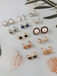 12 Pairs Of No Piercing Accessories, Including Black Flower Stud Earrings, Blue Cubic Zirconia Clip-On Earrings, And Geometric Shape Cubic Zirconia Faux Pearl Earring Set Valentines,Mom,Mother,Mother's Day,Gift