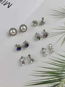 12 Pairs Of No Piercing Accessories, Including Black Flower Stud Earrings, Blue Cubic Zirconia Clip-On Earrings, And Geometric Shape Cubic Zirconia Faux Pearl Earring Set Valentines,Mom,Mother,Mother's Day,Gift