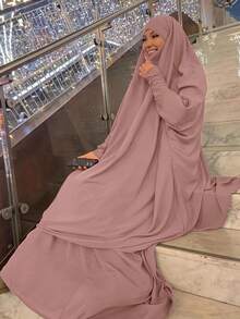 女士优雅两件套：阿拉伯长袍+半身裙 - 卡其色 - 查看 3