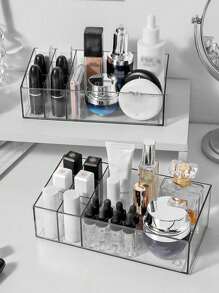 1pc Desktop Transparent PET Makeup Organizer Box, Multi-Compartment Lipstick & Cosmetics Storage Display Tray,For Holiday Beach, Bathroom Collection, Bedroom Collection, Large Capacity