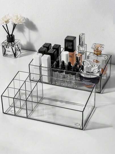 1pc Desktop Transparent PET Makeup Organizer Box, Multi-Compartment Lipstick & Cosmetics Storage Display Tray,For Holiday Beach, Bathroom Collection, Bedroom Collection, Large Capacity