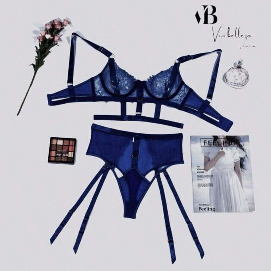 Coordinado sexy con liguero y encaje - Azul - Ver 1
