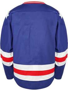 Maglietta a maniche lunghe con scollo a V, stile boyfriend, in jersey di hockey su ghiaccio americana blu, ricamata e impunturata, adatta per eventi sportivi e festa