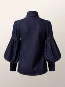 Women's Faux Denim Shirt Top Bow-Embellished High Neck Single-Breasted Lantern Sleeve Blouse - 藍色 - 查看 4