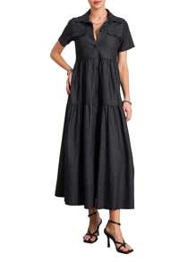 Women's Plus Size Denim Dress Short Sleeve Turn Down Collar Button Front Loose Swing Jean Dress