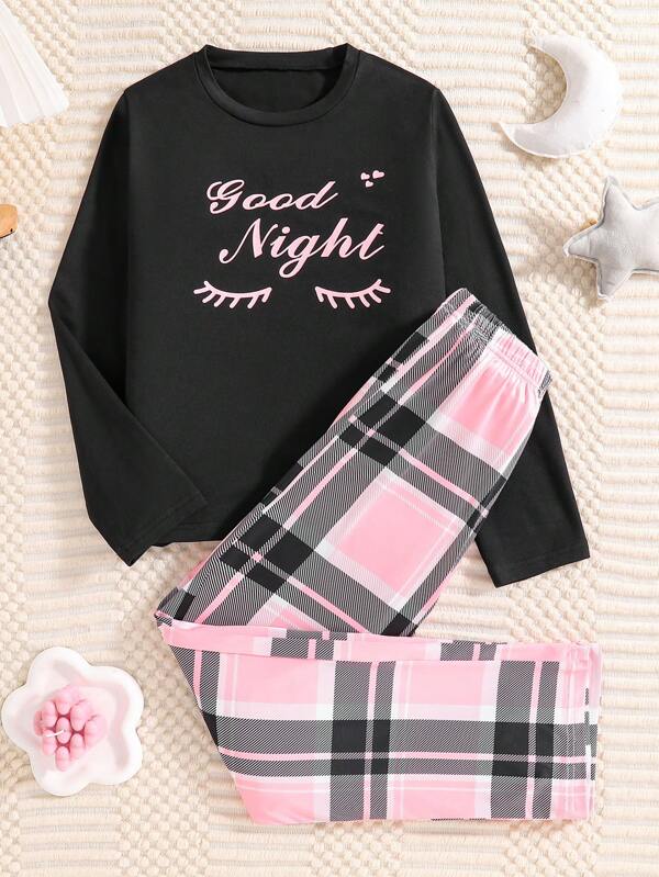A Stylish And Elegant Girl's Air-Conditioned Room Must Wear Round Neck Long Sleeved Pants Home Outfit, Featuring Cute Printed Patterns Paired With Pink Striped Checkered Pants. The Fabric Is Multifunctional And Comfortable, Suitable For Casual Home Wear, As A Gift For Girls