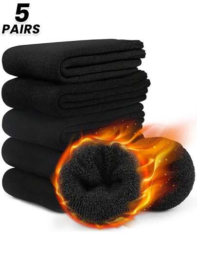 1/3/5 Pairs Couple Style Solid Color Thermal Lined Mid-Calf Socks, One Size Fits 35-43, Black