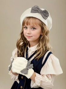2 pièces / set : 2 pièces béret en tricot blanc pour enfants/tout-petits filles, béret d'artiste mignon, avec gants en acrylique tricoté, mode, élégant, populaire, pied-de-poule, décoration de nœud, , fin pour le début de l'hiver