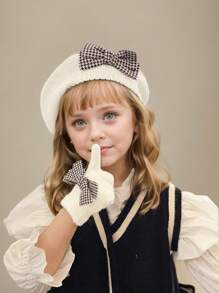 2 pièces / set : 2 pièces béret en tricot blanc pour enfants/tout-petits filles, béret d'artiste mignon, avec gants en acrylique tricoté, mode, élégant, populaire, pied-de-poule, décoration de nœud, , fin pour le début de l'hiver
