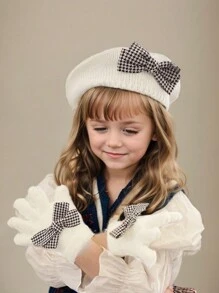 2 pièces / set : 2 pièces béret en tricot blanc pour enfants/tout-petits filles, béret d'artiste mignon, avec gants en acrylique tricoté, mode, élégant, populaire, pied-de-poule, décoration de nœud, , fin pour le début de l'hiver
