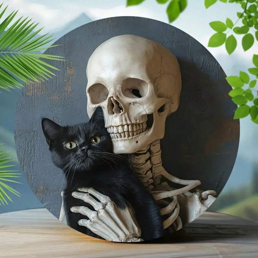 1 tấm biển gỗ 8"X8" có thiết kế hình mèo đen và đầu lâu - Biển báo trang trí Giáng sinh/Năm mới, Quà tặng Giáng sinh/Năm mới, Thanh tròn tái sử dụng, Nghệ thuật trang trí tường nhà và sân, Không thấm nước, Đã khoan lỗ, Thích hợp cho người yêu mèo, 14+, Phong cách ngẫu nhiên - Nhiều màu - Xem 1