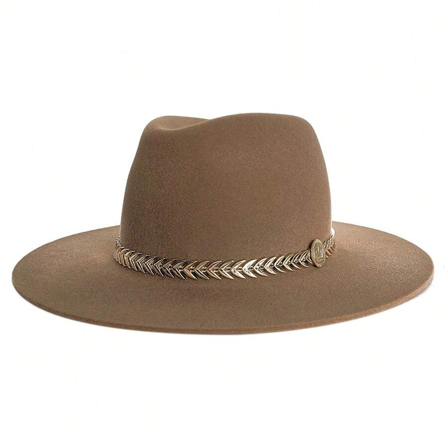 Fedora Hat Country Bandinha Shine Golden Unisex Medium Brim Top Premium Rodeo Show Style - Krem - View 1