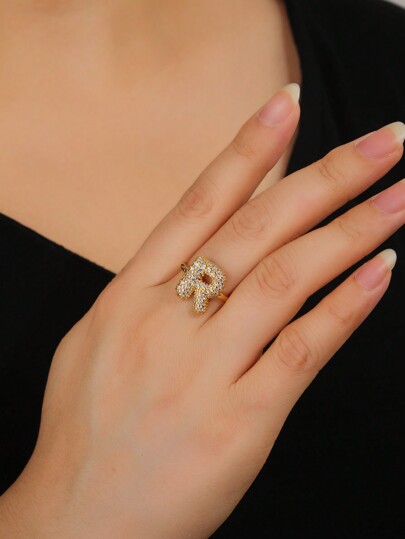 1pc New Fully Encrusted 26 Initial Letter Gold Plated Open Ring, Decorative Jewelry Charm Gift For Daily Wear, Unisex
