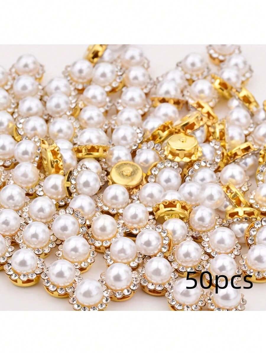 50pcs/Pack Sunflower Rhinestone Round Pearl Sewing Buttons, DIY Clothing, Bags, Hats Decoration