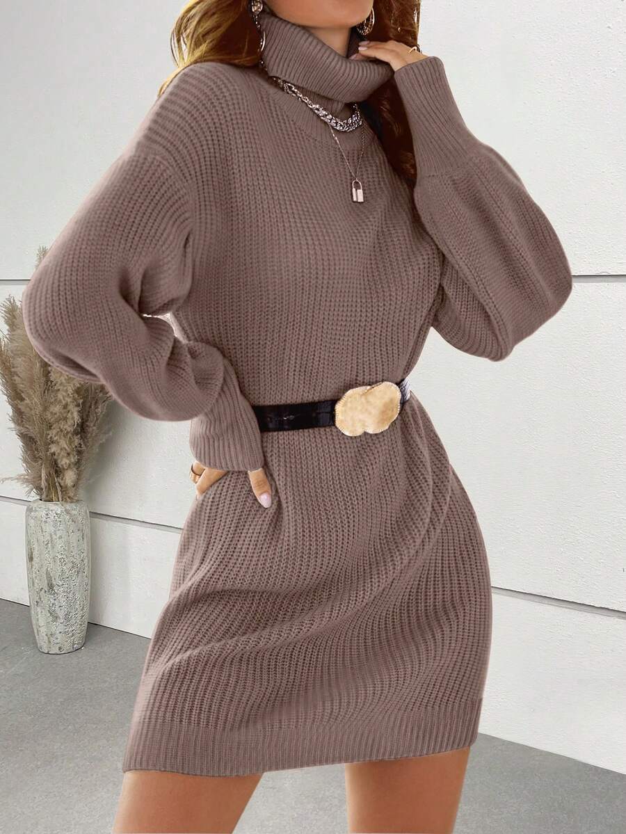 Women's Lightweight Turtleneck Sweater Dress, Casual Elegant Ribbed Knit Long Sleeve Mid-Length Dress, Nutmeg Color - Coffee Brown - View 1