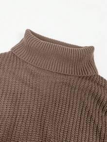 Women's Lightweight Turtleneck Sweater Dress, Casual Elegant Ribbed Knit Long Sleeve Mid-Length Dress, Nutmeg Color - Coffee Brown - View 8