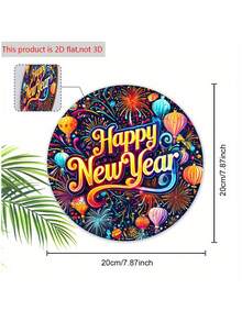 Happy New Year Festival Wooden Sign 2025 Happy New Year 2D Flat Relief Effect Round Sign For Front Door Wall Hanging Decor, Party Decorations, Colorful Hot Air Fireworks Pattern Design, Couple Gift, Happy New Year Gift, Party Supplies - Multicolor - View 6