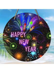 Happy New Year Festival Wooden Sign 2025 Happy New Year 2D Flat Relief Effect Round Sign For Front Door Wall Hanging Decor, Party Decorations, Colorful Hot Air Fireworks Pattern Design, Couple Gift, Happy New Year Gift, Party Supplies - Multicolor - View 3