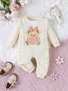 Lente/Herfst Baby Meisjes Schattige Beer Decor Ronde Hals Lange Mouw Romper Met Open Kruis Broek