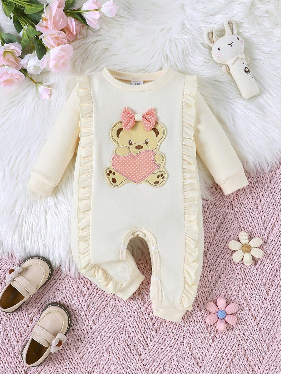 Lente/Herfst Baby Meisjes Schattige Beer Decor Ronde Hals Lange Mouw Romper Met Open Kruis Broek
