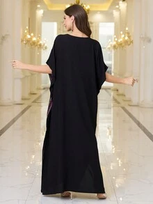 Black Embroidered Arabic Style V Neck Lounge Dress Thobe For Women House Dress Kaftan Eid - Black - View 2